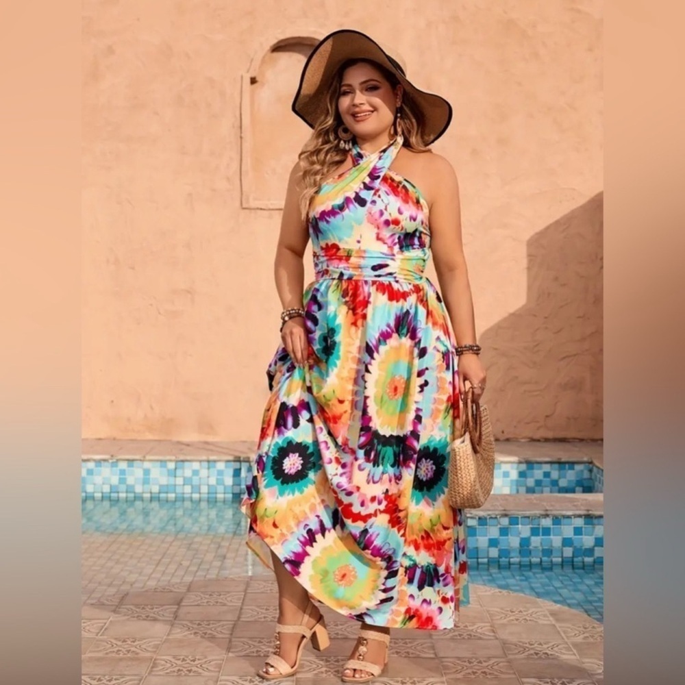 Tie Dye Print Cross Front Halter Maxi Dress